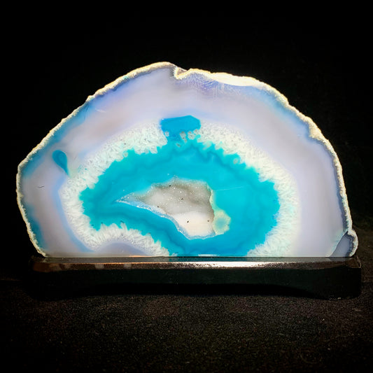 7.3" Wide Cut & Polished Brazilian Agate on Wooden Stand