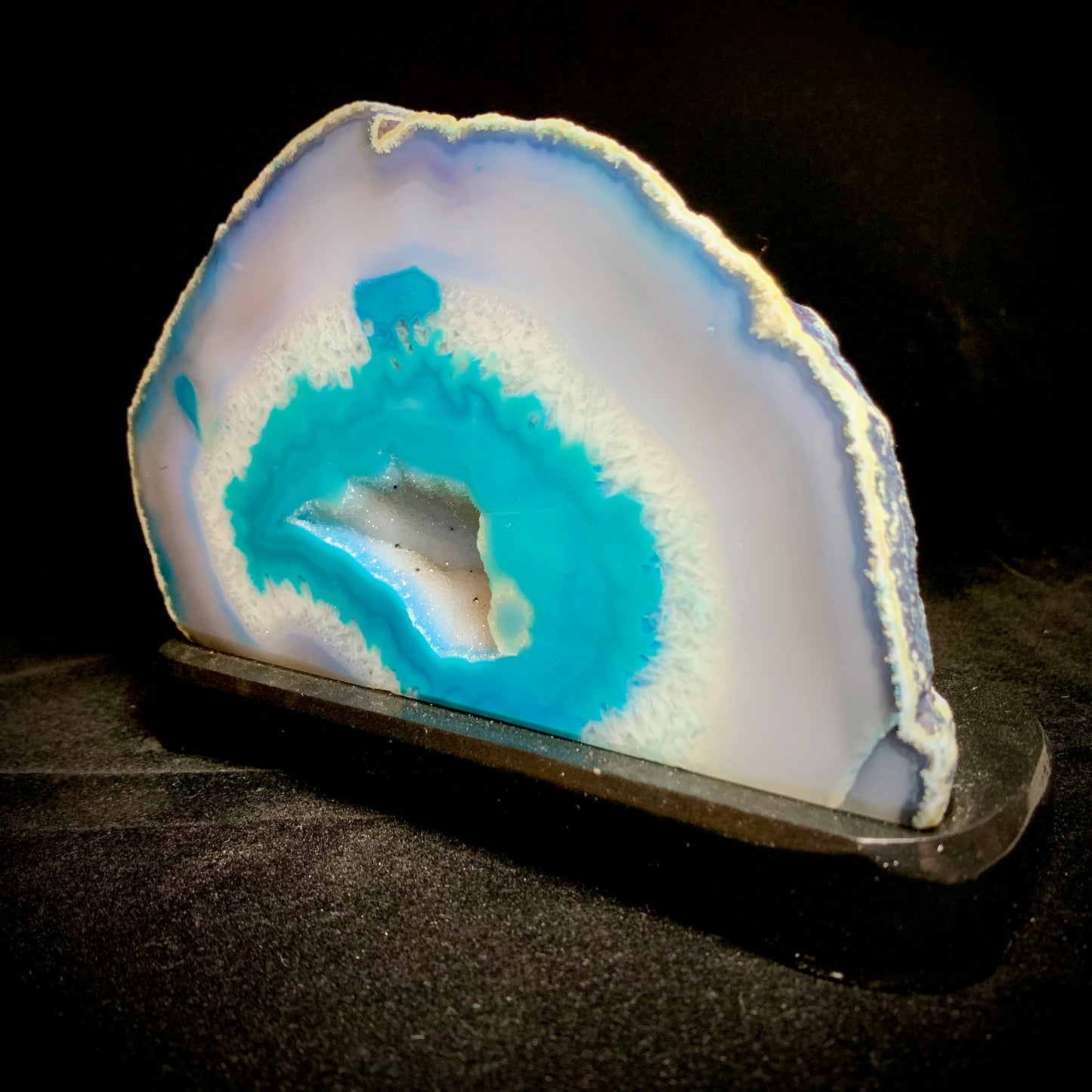 7.3" Wide Cut & Polished Brazilian Agate on Wooden Stand