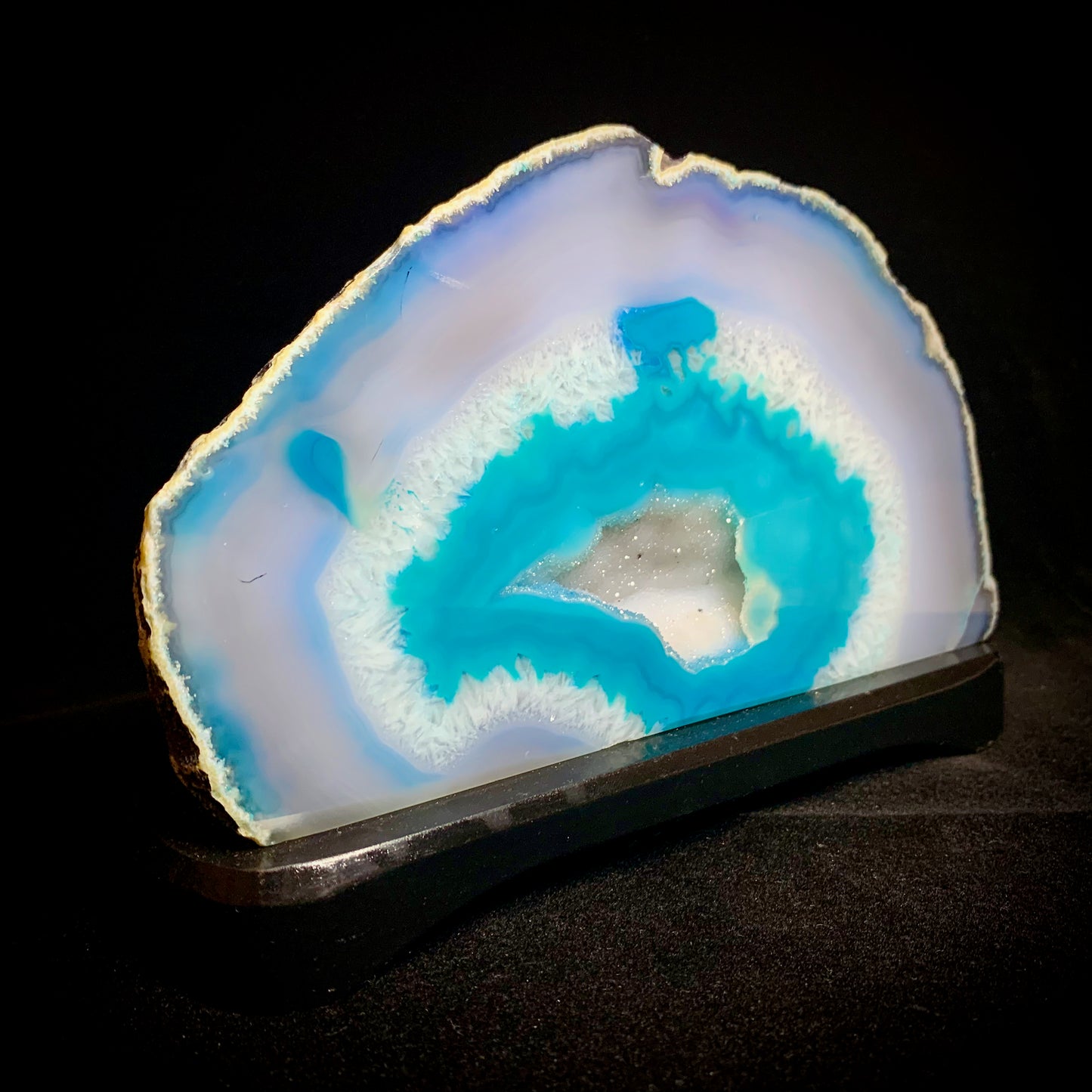 7.3" Wide Cut & Polished Brazilian Agate on Wooden Stand