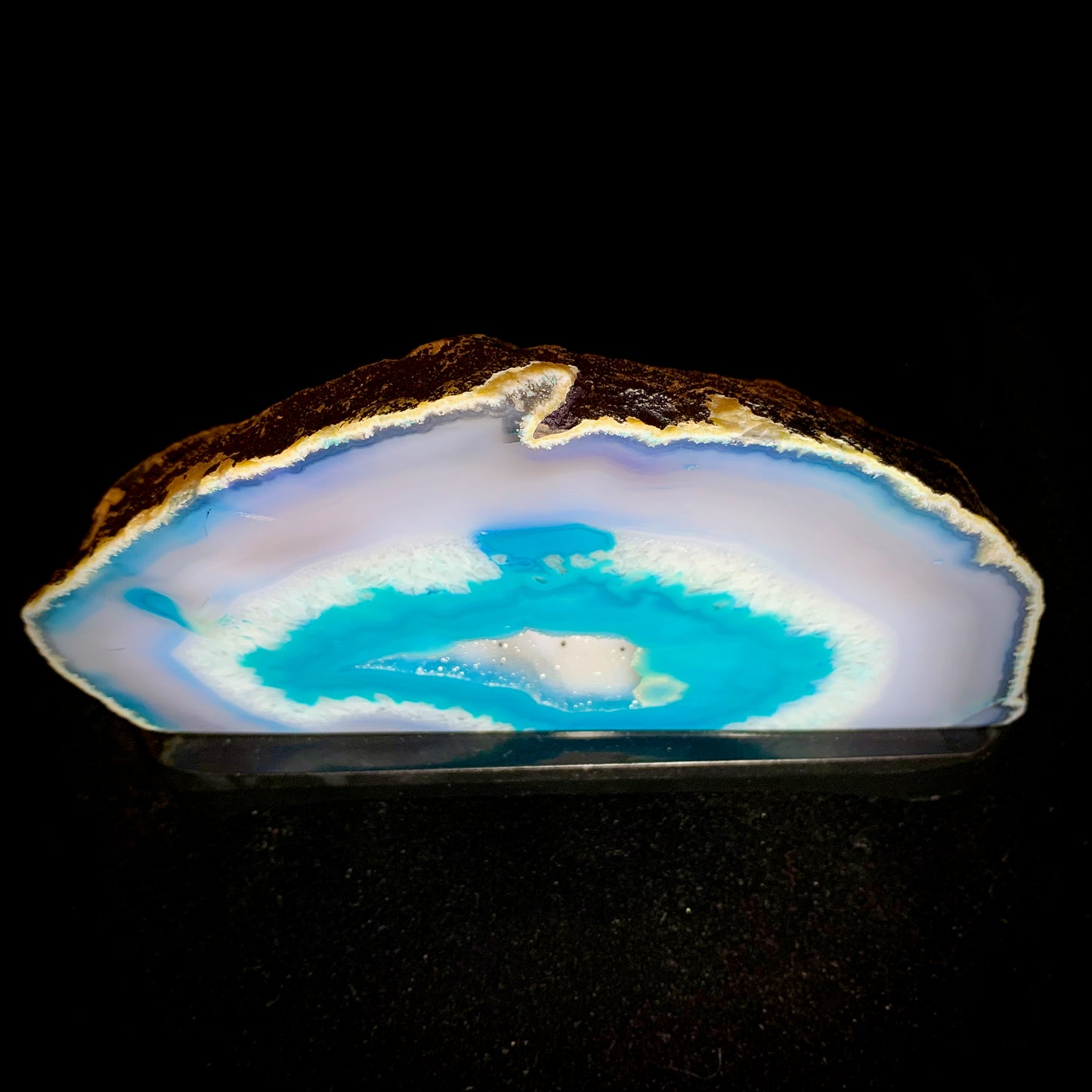 7.3" Wide Cut & Polished Brazilian Agate on Wooden Stand