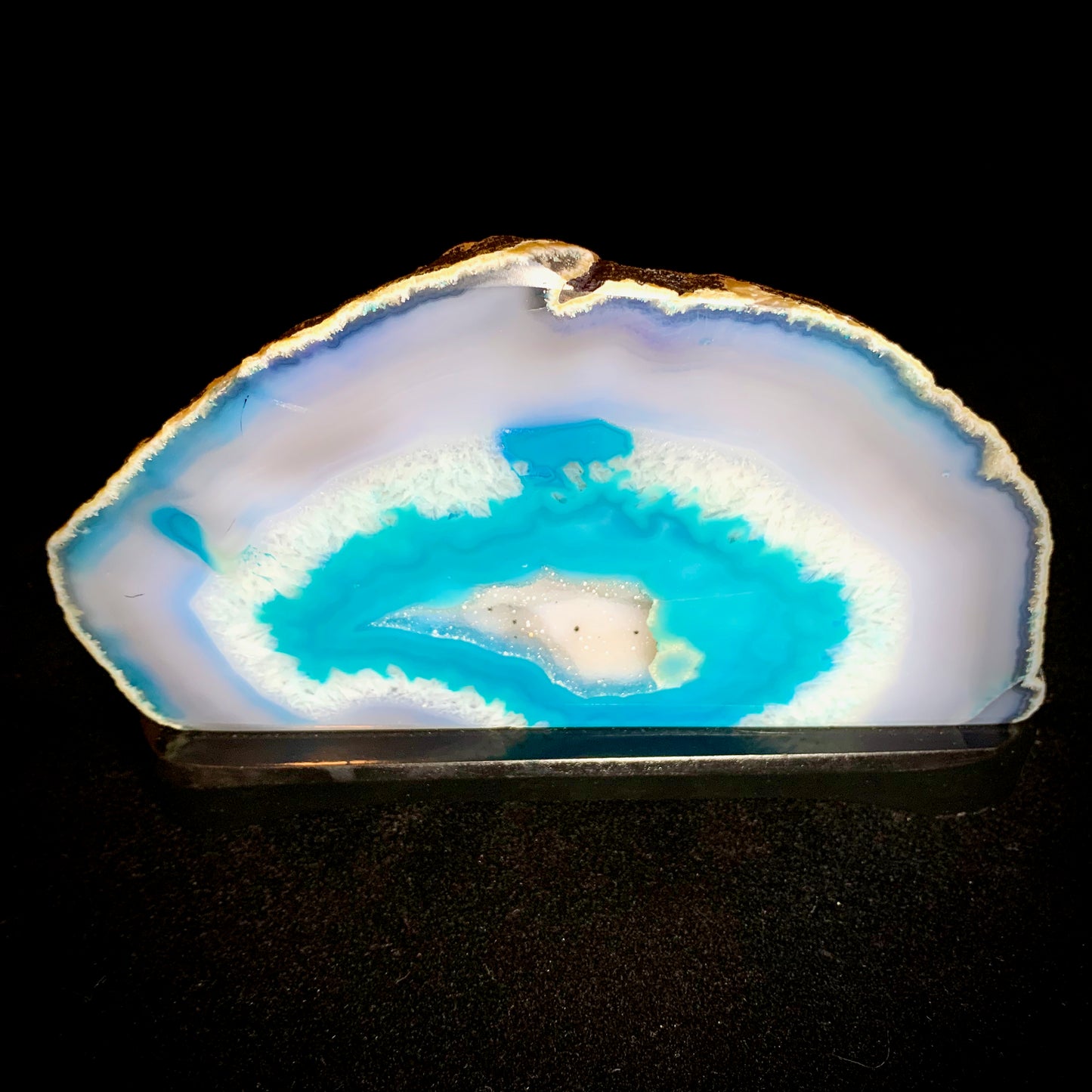 7.3" Wide Cut & Polished Brazilian Agate on Wooden Stand